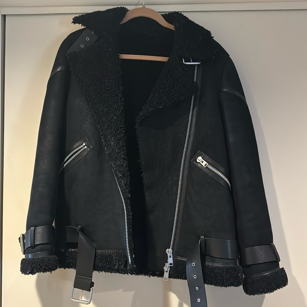 Allsaints Hawley oversized shearling biker jacket size small in black